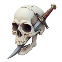 Detailed human skull with a sharp dagger thrust through eye socket and mouth, symbol of danger available as a file with a transparent background png
