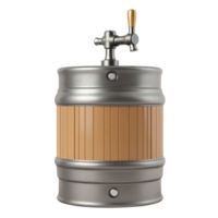 Isolated 3D render of a metallic beer keg with a golden tap for draft beverage service on a transparent background png