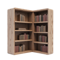 Isolated 3D Render of a Wooden Corner Bookshelf Filled with Various Books on a Transparent Background png