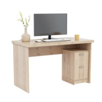 Modern light wood office desk with computer monitor and plant on transparent background This is a file with a transparent background png