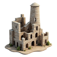 Medieval stone castle structure illustration with tower transparent background isolation png