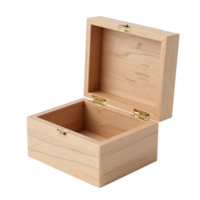 Open empty light wood rectangular box with lid isolated on black transparent background png