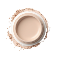 Overhead View of Creamy Foundation Pot and Loose Powder Splash with Transparent Background File png