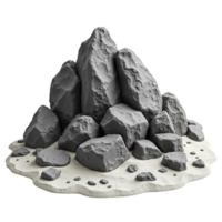 Pile of grey rocks and stones on a sandy base, isolated 3D rendered object png