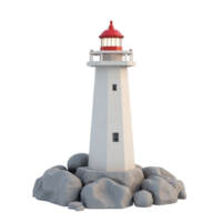 Stylized 3D rendered white lighthouse on grey rocks with red cap with transparent background png