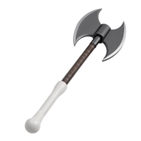Stylized double sided battle axe 3D render with white handle and dark metal blades on transparent background png