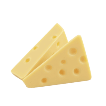 Two realistic triangular slices of delicious yellow cheese isolated on a transparent background. This is a file. png