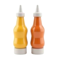 Two plastic squeeze bottles filled with yellow and orange sauce isolated on transparent background file png