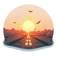 Stylized 3D Render of a Road Leading to a Sunset with Airplanes - Transparent File png