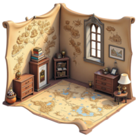 Whimsical Isometric Room Made of Ancient Maps and Scrolls with Vintage Furniture and Decor png