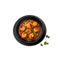 Shrimp dish with tomato sauce and fresh parsley in a black bowl on transparent background. png