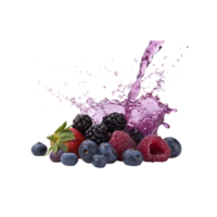 Mixed Berries Splash Fresh Fruit and Juice , blueberries and raspberries on transparent background. png