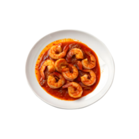 Delicious Cooked Shrimp in a Spicy Red Sauce on transparent background. png
