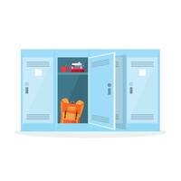 School locker icon on white background. Briefcase, books and apple in open locker. Storage space. vector