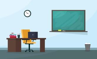 Classroom desk with laptop and chalkboard vector