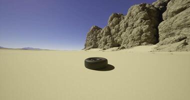 CGI Rustic cart rests on dry land under a clear blue sky in remote area video