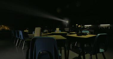 CGI Mysterious classroom setting with dim lighting and a projector at night video