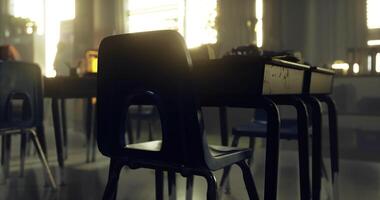 CGI Sunlit empty classroom with reflections on desks and chairs video