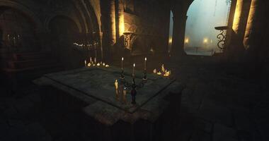 CGI Dark and atmospheric ancient temple with candles and stone altar at night video