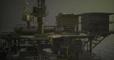 CGI Oil rig platform operates in the ocean during overcast weather video