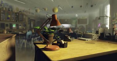 CGI Desk lamp and plant on a wooden table in a busy classroom during daytime video