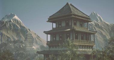 CGI Majestic ancient architecture amid towering mountains in serene landscape video