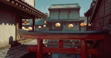 CGI Traditional architecture in a vibrant courtyard at twilight in an Asian village video