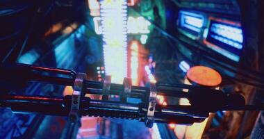 CGI Dynamic view of a neon lit urban alley with futuristic details at night video