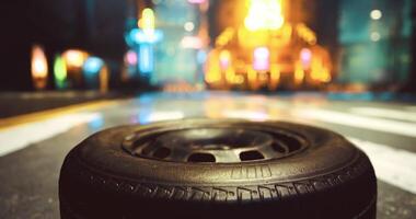 CGI Tire rests on urban street with colorful lights glowing in the background video