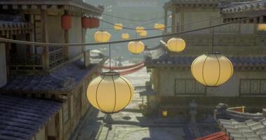 CGI Lanterns illuminate a quiet ancient street in a historical village setting video