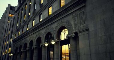 CGI Architectural details of historic building with glowing windows at dusk video