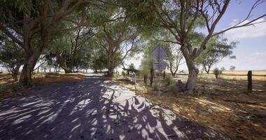 CGI Quiet rural road surrounded by trees in open landscape during daylight video