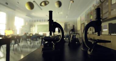 CGI Classroom with microscopes and planetary models illuminated by sunlight video