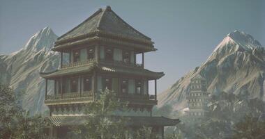 CGI Majestic ancient architecture surrounded by mountains in serene landscape video