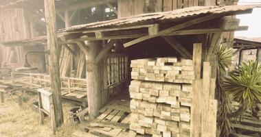 CGI Wooden structure with stacked lumber in a rustic outdoor setting video