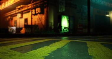 CGI Evening atmosphere on a quiet street with neon lights and warehouse backdrop video