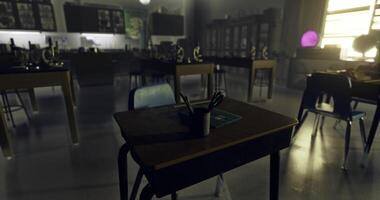 CGI Empty classroom with desk and supplies during afternoon light video