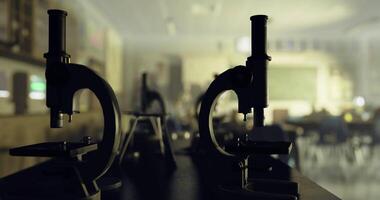 CGI Classroom environment with microscopes prepared for scientific exploration video