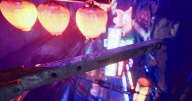 CGI Vibrant street view with lanterns and neon lights at night in a busy area video
