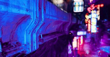 CGI Urban alley illuminated by vibrant neon lights at night in a bustling city video