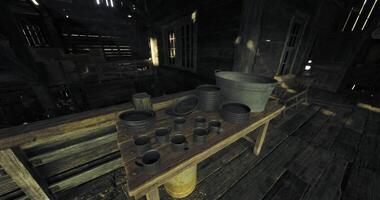 CGI Rustic workshop showcasing handcrafted pottery and tools in dim lighting video