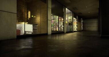 CGI Nighttime view of illuminated retail spaces in a modern urban setting video