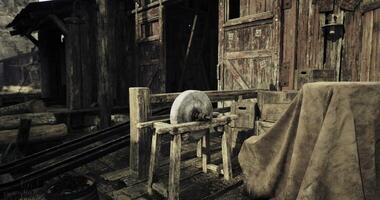 CGI Rustic grinding stone at an old workshop in a rural setting video