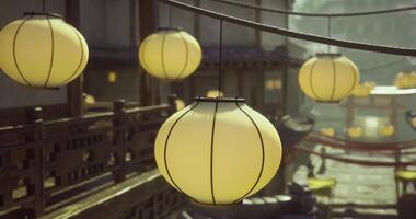 CGI Lanterns illuminate a tranquil evening in an ancient courtyard setting video