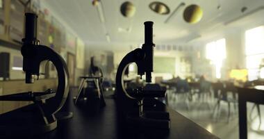 CGI Classroom with microscopes and planetary models in a science lab video