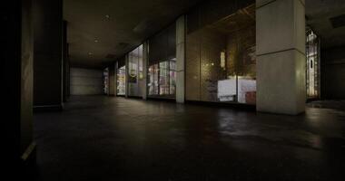 CGI Urban corridor featuring empty storefronts at dusk in a city setting video