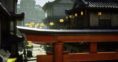 CGI Lanterns illuminate a traditional street in an ancient city at dusk video