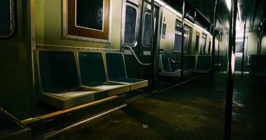 CGI Empty subway train interior at night with dim lighting and old design video