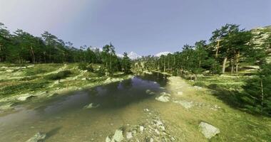CGI Serene landscape with river and mountains in bright sunlight over forest video