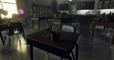 CGI Classroom with empty desks and science equipment in afternoon light video